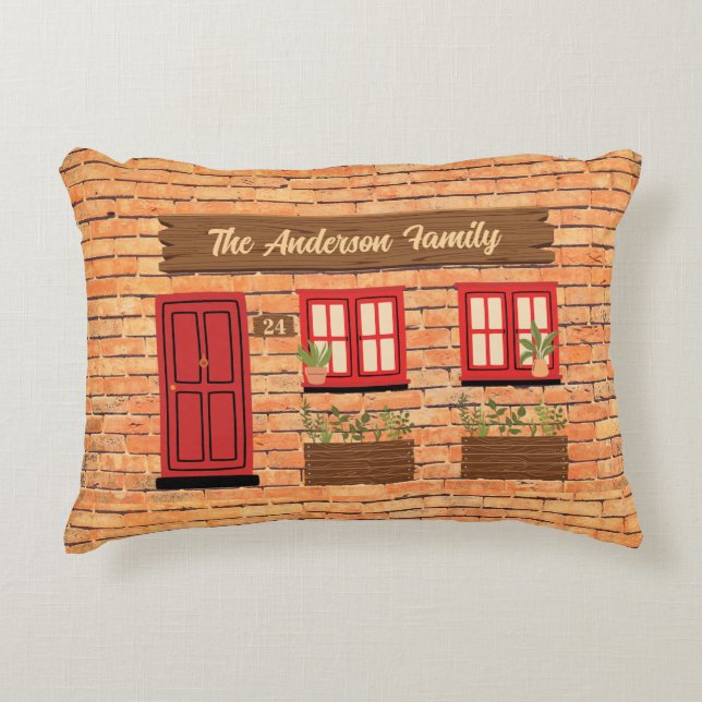 Brick House med Red Door Anpassningsbar Text Prydnadskudde (Framsidan)