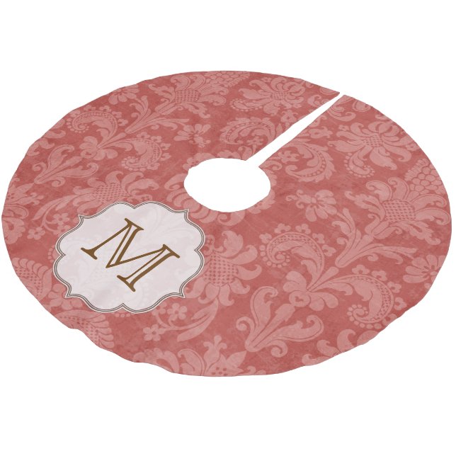 Brick Red Damask Snöre Monogram Initial Träd Skirt Julgransmatta Borstad Polyester (Vinklad)