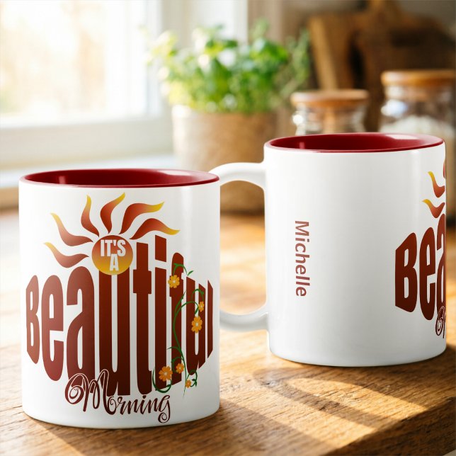 Brick Red Sunrise Två-Tonad Mugg (Coffee tastes better in a cute hand drawn mug. Customize it with your name.)