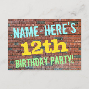 Brick Wall Graffiti Inspired 12:e Birthday + Namn Inbjudningar