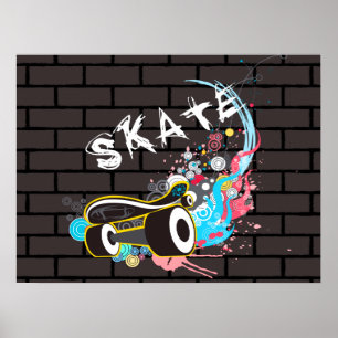 Brick Wall Skate Graffiti Logotyp with Board Poster