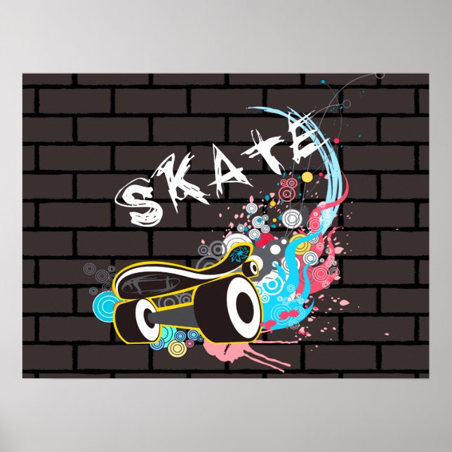 Brick Wall Skate Graffiti Logotyp with Board Poster (Framsidan)