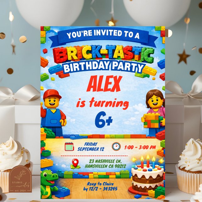 Bricks Colorful Boy Birthday Party Invitation Inbjudningar (Skapare uppladdad)