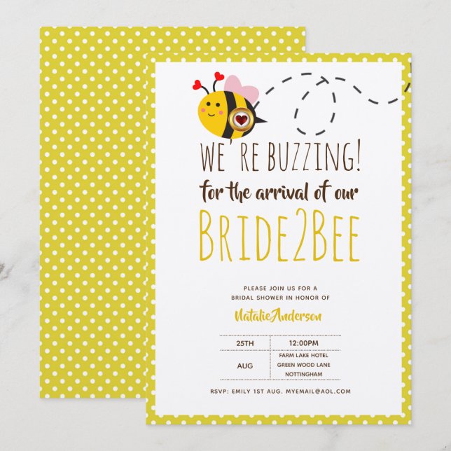Brid 2 BEE Cute Gult Bröllop eller Möhippa Inbjudningar (Fram/baksida)