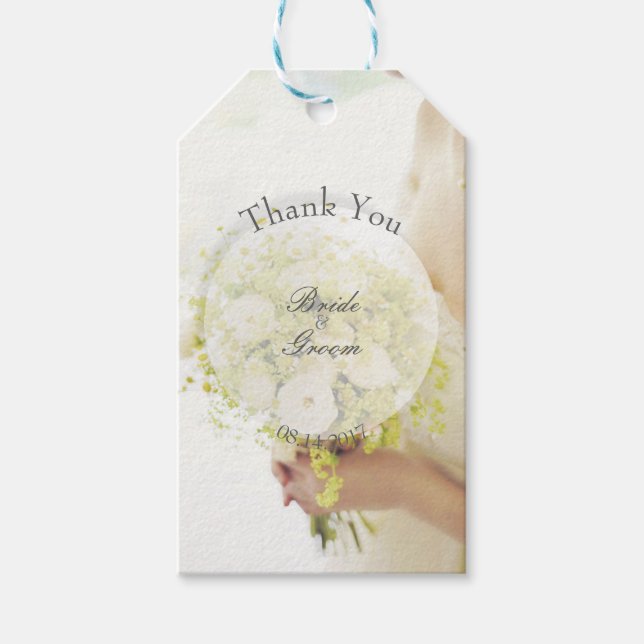 Brid med Flower Bouquet Editable Bröllop Presentetikett (Framsidan)