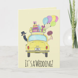 Brid och groom i inbjudan till Retro Car Wedding
