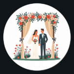 Bridal Arch Wedding Sticker  Runt Klistermärke<br><div class="desc">Adorable sticker featuring a couple under a floral arch,  perfect for wedding decorations and celebratory messages!</div>