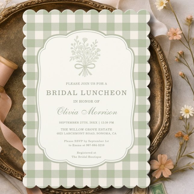  Bridal Luncheon Gingham Sage Green Floral Bow Inbjudningar (Skapare uppladdad)