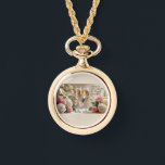 Bridal necklace watch-gold armbandsur<br><div class="desc">Timeless elegance meets romantic charm with this Happily Ever After gold necklace watch. Featuring delicate champagne glasses tied with satin bows and framed by soft roses, this piece is both a graceful accessory and a meaningful keepsake. Perfect for brides, bridesmaids, or as a heartfelt gift, it adds a classic touch...</div>