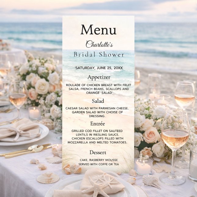 Bridal Shower beach party menu card Reklamkort (Skapare uppladdad)
