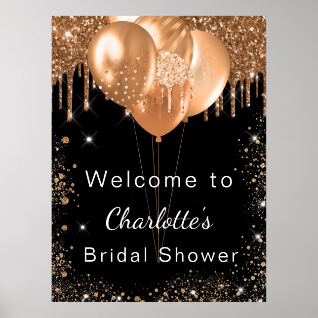 Bridal shower black gold glitter party welcome poster (Framsidan)