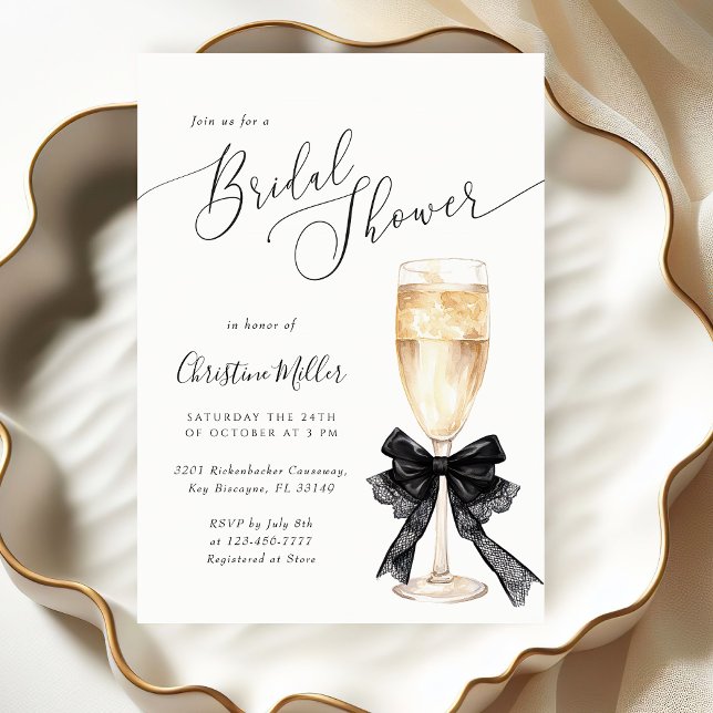 Bridal Shower Champagne Invitation with Black Bow  Inbjudningar (Skapare uppladdad)