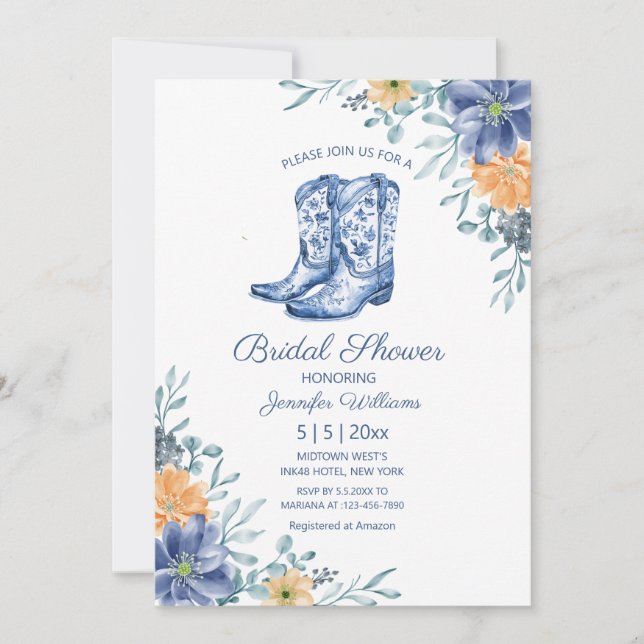 bridal shower cowgirl boots flowers western  inbjudningar (Framsida)