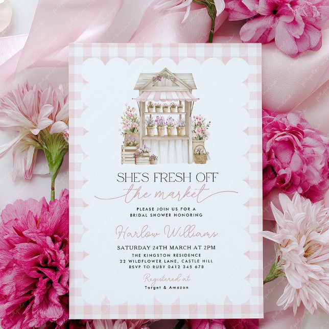 Bridal Shower Fresh off the Market Flower Market  Inbjudningar (Pink Gingham Flower Cart Bridal Shower Invitation )