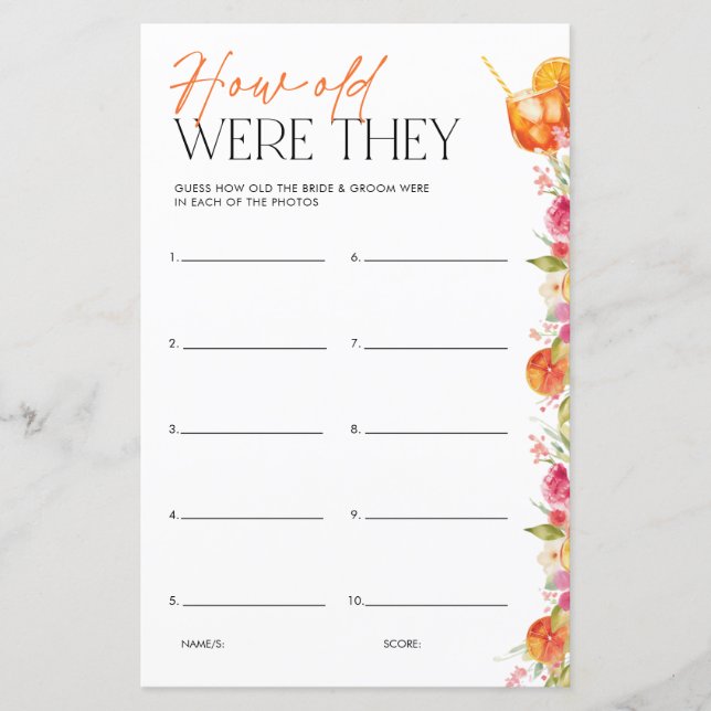 Bridal Shower Game How Old Were They First Spritz (Framsida)