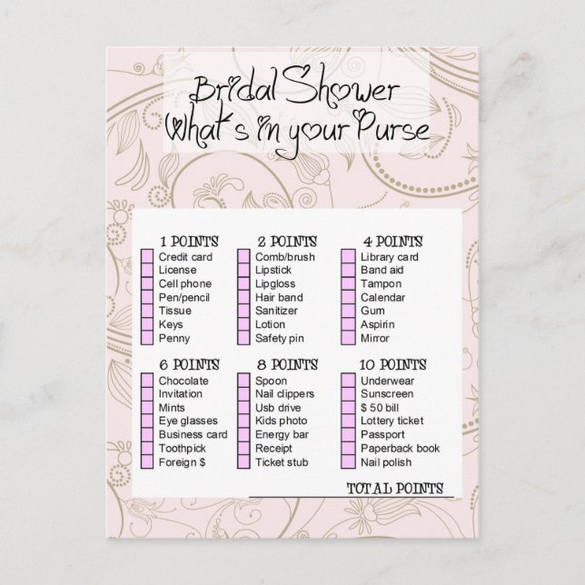 Bridal shower game- What is in your purse? Inbjudan Vykort (Framsida)
