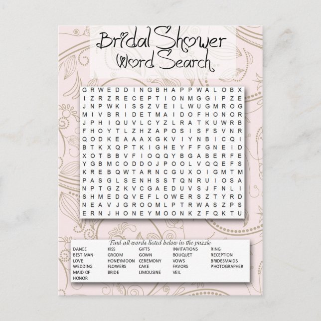 Bridal Shower game, Word SEarch Inbjudan Vykort (Framsida)