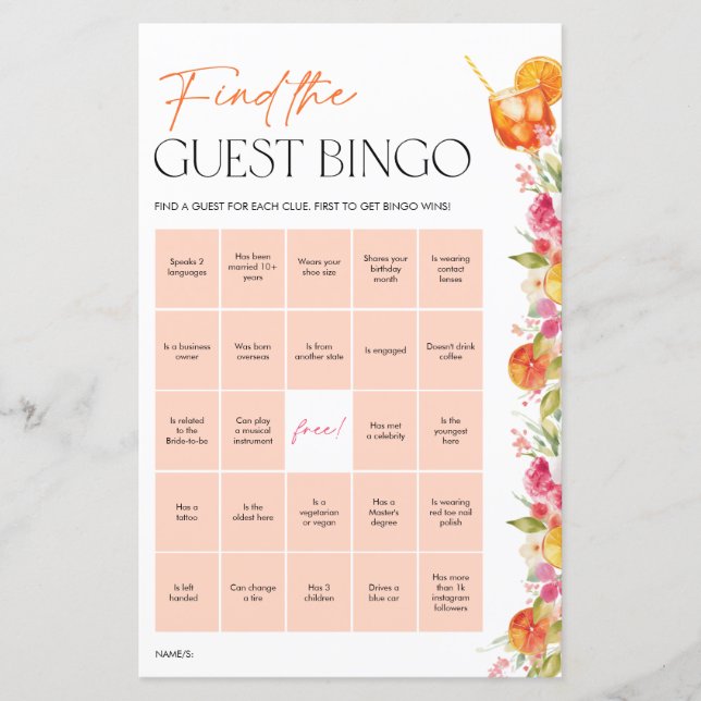 Bridal Shower Games Guest Bingo Citrus Spritz (Framsida)