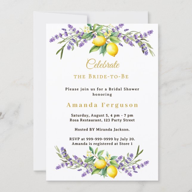 Bridal Shower lavender florals lemons Inbjudningar (Framsida)