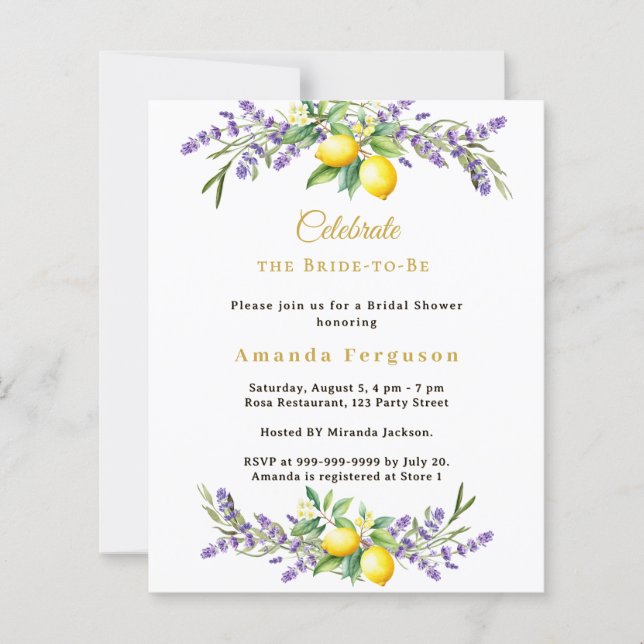 Bridal Shower lavender florals lemons invitation (Framsida)