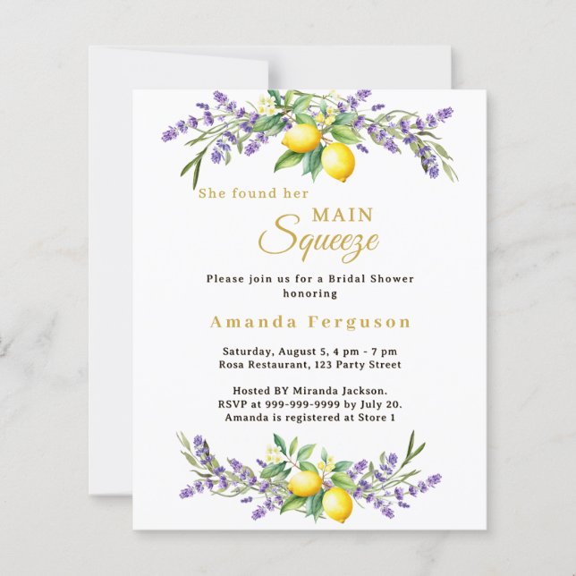 Bridal Shower lavender lemons squeeze invitation (Framsida)