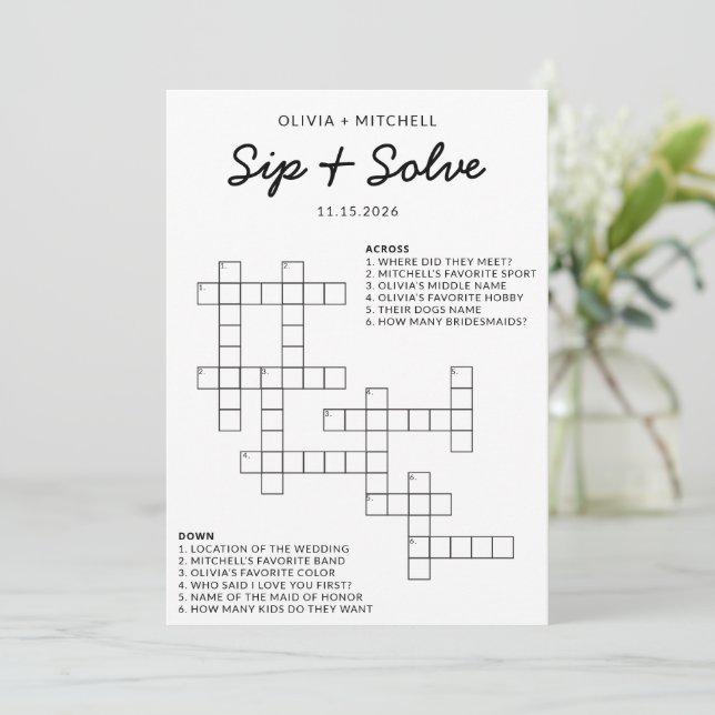 Bridal Shower Sip and Solve Fun Crossword Game Rådkort (Stående Fram)