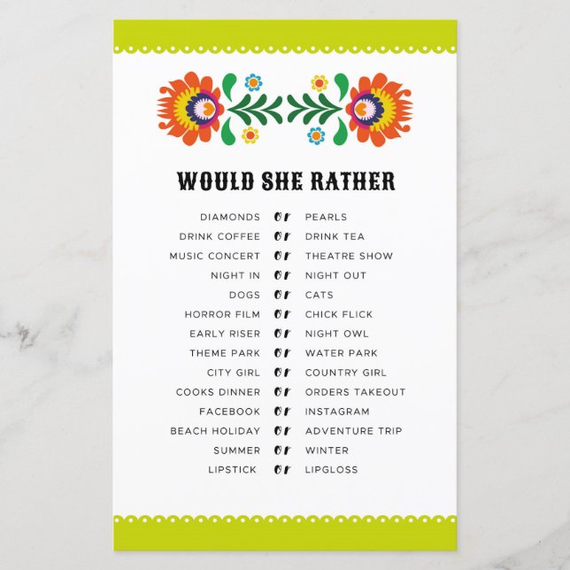 Bridal Shower-spel Skulle hon hellre ha Fiesta (Framsida)