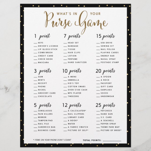 Bridal Shower-spel | Vad har du i handväskan? (Framsida)