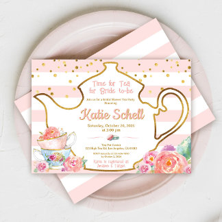 Bridal Shower Tea Party Pink And Gold Floral Inbjudningar