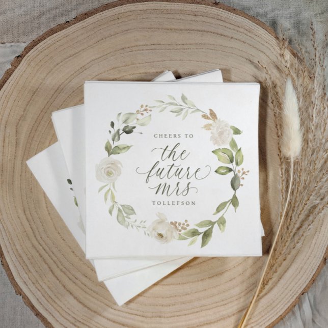 Bridal Shower The Future Mrs Watercolor Floral Pappersservett (Elegant sage green bridal shower napkin with watercolor floral design and “cheers to the future mrs”)