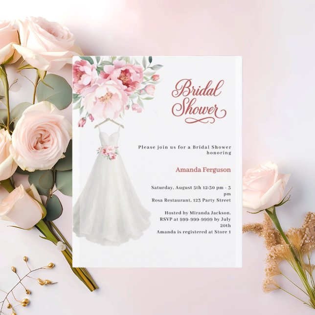 Bridal shower wedding dress pink floral invitation (Skapare uppladdad)