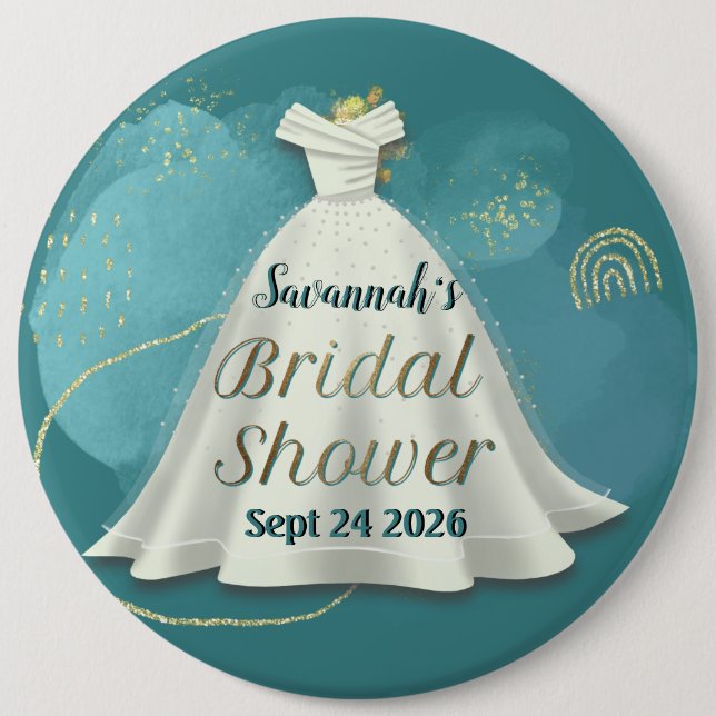 Bridal Shower Wedding Gown Deep Teal Gold Glitter  Knapp (Framsida)