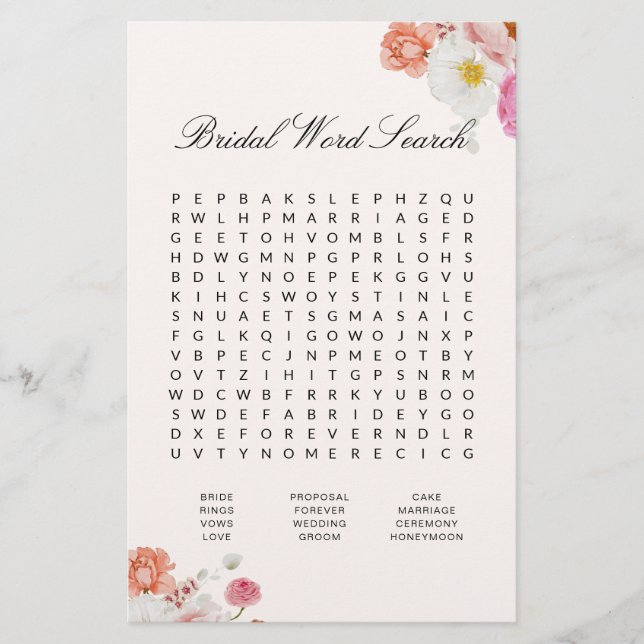 Bridal Shower Word Search Floral Game Card (Framsida)