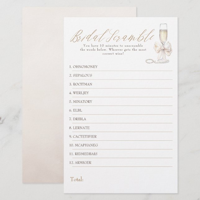 Bridal Word Scramble Fun Bridal Shower Game Card (Fram/baksida)