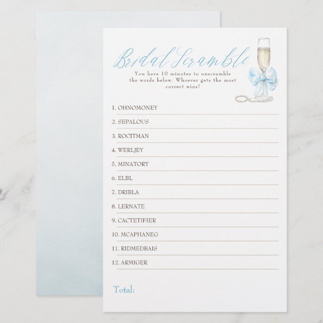 Bridal Word Scramble Fun Bridal Shower Game Card (Fram/baksida)