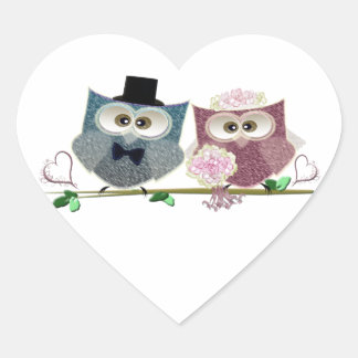Bride and Groom Söta Uggla Art Hjärtformat Klistermärke