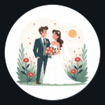 Bride and Groom Wedding Sticker Runt Klistermärke<br><div class="desc">Cherish your wedding day with this delightful illustration of a happy couple,  surrounded by colorful flowers and a sunny backdrop,  perfect for celebrating your special day.</div>