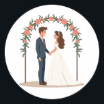 Bride and Groom Wedding Stickers Runt Klistermärke<br><div class="desc">Adorable wedding-themed stickers featuring a bride and groom exchanging vows under a floral arch,  perfect for celebrating love and commitment.</div>