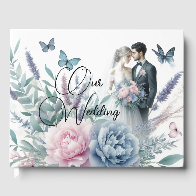 Bride and Groom with Peonies, Lavender Gästböcker (Framsida)