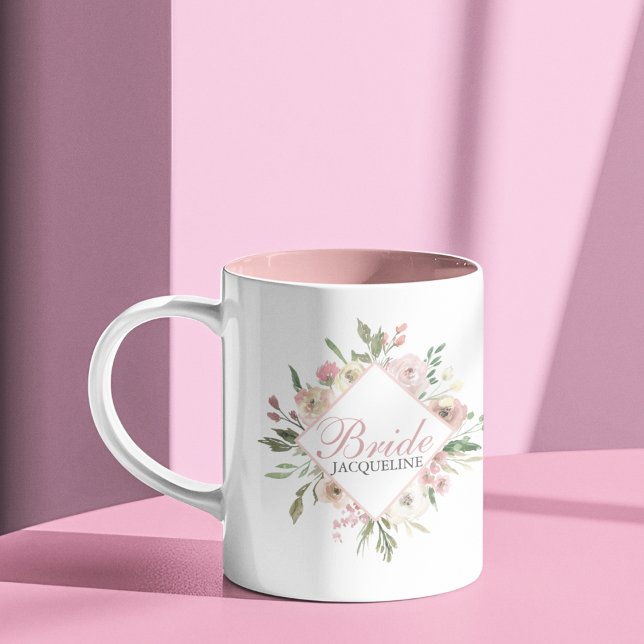 Bride Bevackra  Rosa Blommigt Monogram Bröllop Två-Tonad Mugg (Skapare uppladdad)