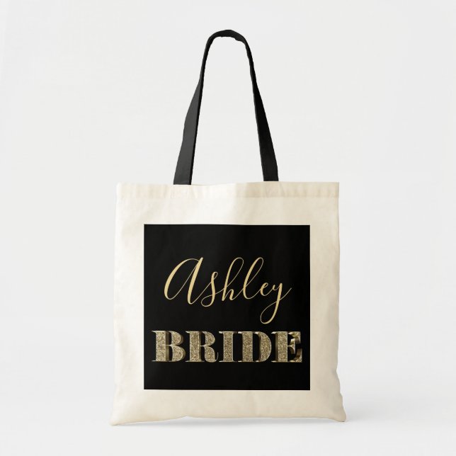 Bride Black och Guld Glitter Typography Chic Namn Tygkasse (Framsidan)