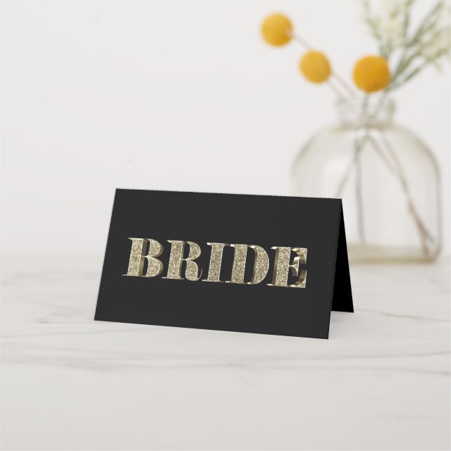 Bride Black och Guld Golden Glitter Typografi Placeringskort (Framsida)