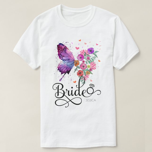 Bride Blommigt Boho Butterfly Namn T-Shirt (Design framsida)