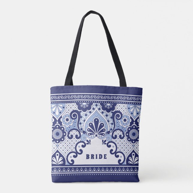 Bride Blue & White Mexican Talavera Tile Tote Bag Tygkasse (Baksida)