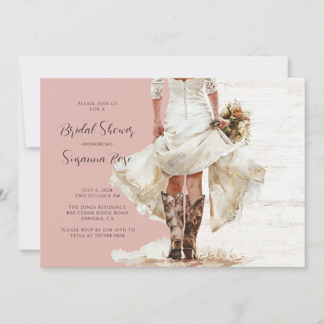 Bride Bröllop Dress Cowgirl Boots Möhippa Inbjudningar (Framsida)