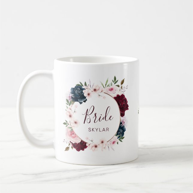 Bride Burgundy & Navy Ro Watercolor Watercolor Wan Kaffemugg (Vänster)