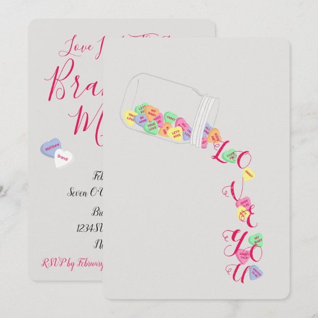 BRIDE Candy Hearts I Kärlek You Firande Party Inbjudningar (Fram/baksida)