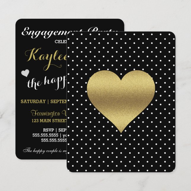 BRIDE & CO Black and Guld Heart & Polka Dot Party Inbjudningar (Fram/baksida)
