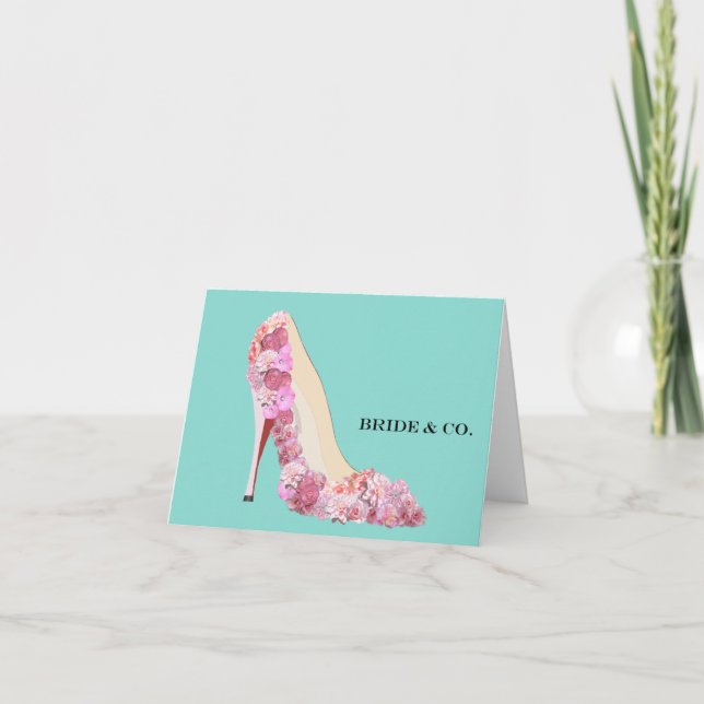 BRIDE CO Blommigt Heels Teal Blue Shower Party Not Kort (Framsida)