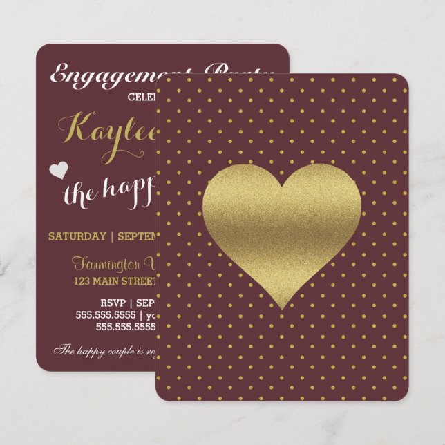 BRIDE CO Burgundy och Guld Heart Polka Dot Party Inbjudningar (Fram/baksida)